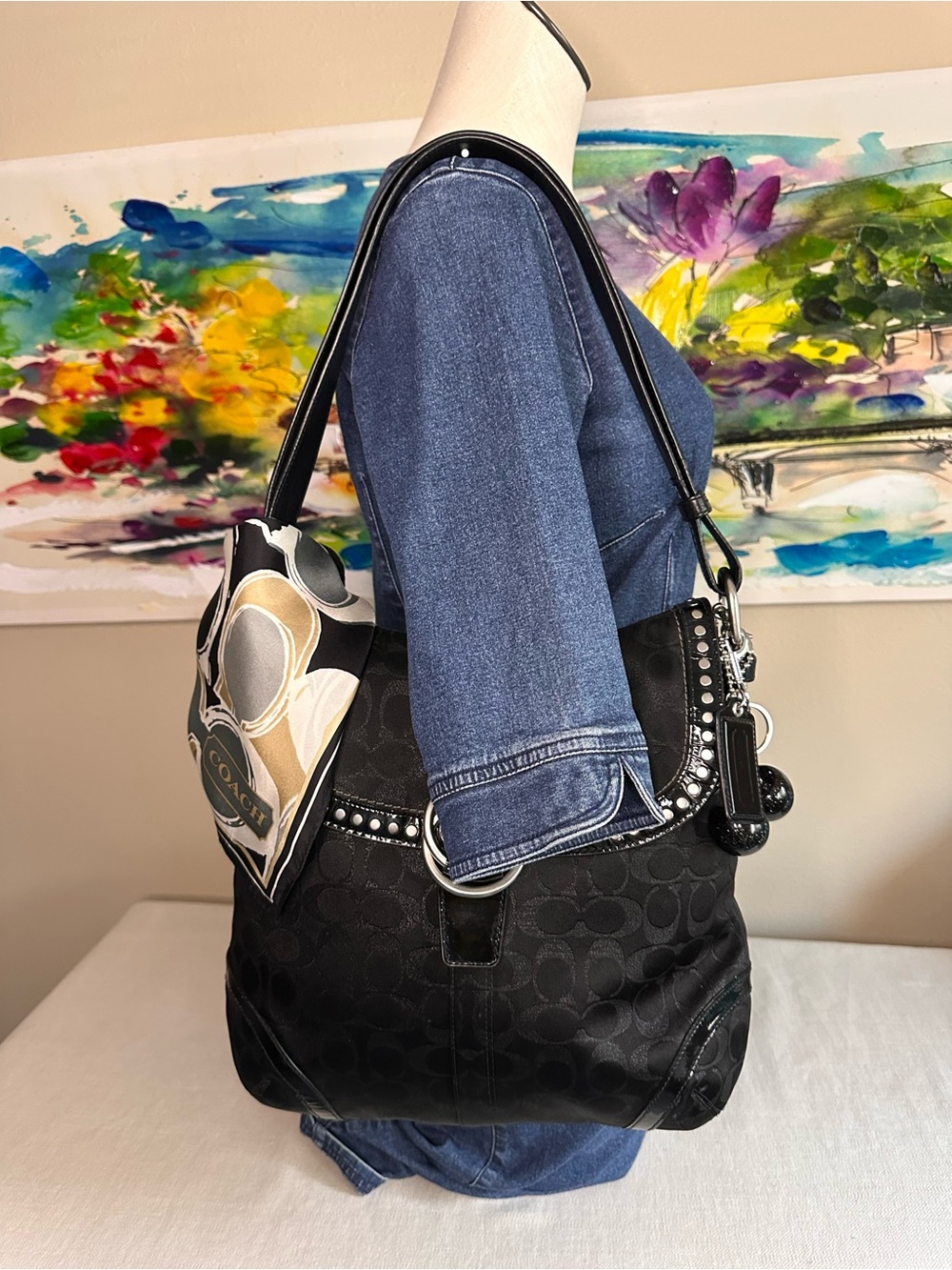 Coach Black Signature Crossbody Saddle Bag with Stud Accents 2008 (F12852) - Picture 10 of 12